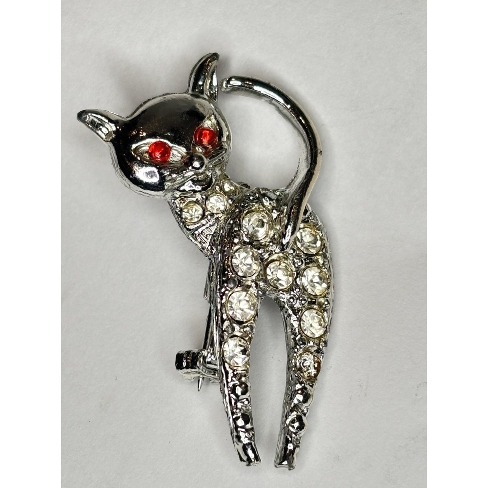 Vintage Cat Brooch Red Rhinestone Eyes Clear Crystal Kitty Pin Silver Tone
